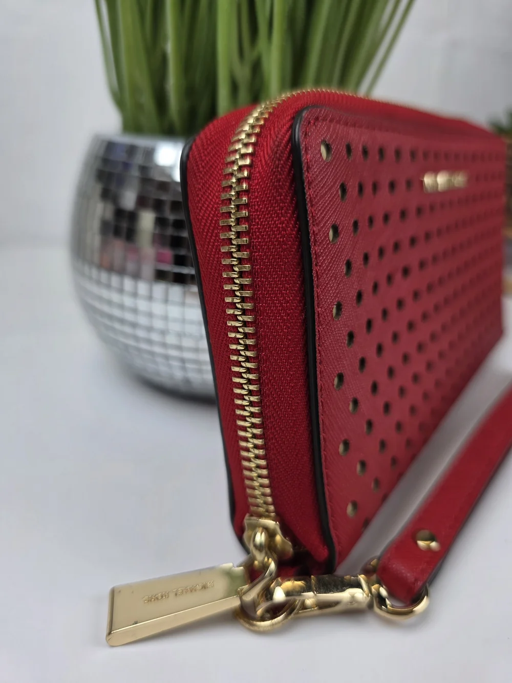 Michael Kors Red Perforated Zip Wristlet Wallet